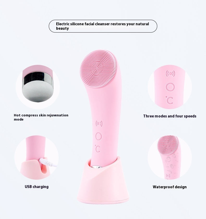 Silicone Electric Face Cleansing Brush with Vibration & Heating